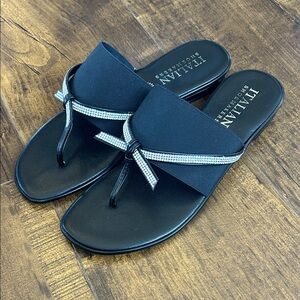 Italian Shoemakers Black Slide Sandals with Rhinestone Bow Trim